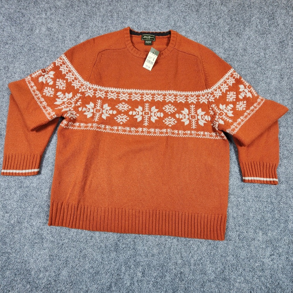 Eddie Bauer Mens Orange Lambswool Fair Isle Snowflake Crewneck Sweater Large NWT - Picture 1 of 6